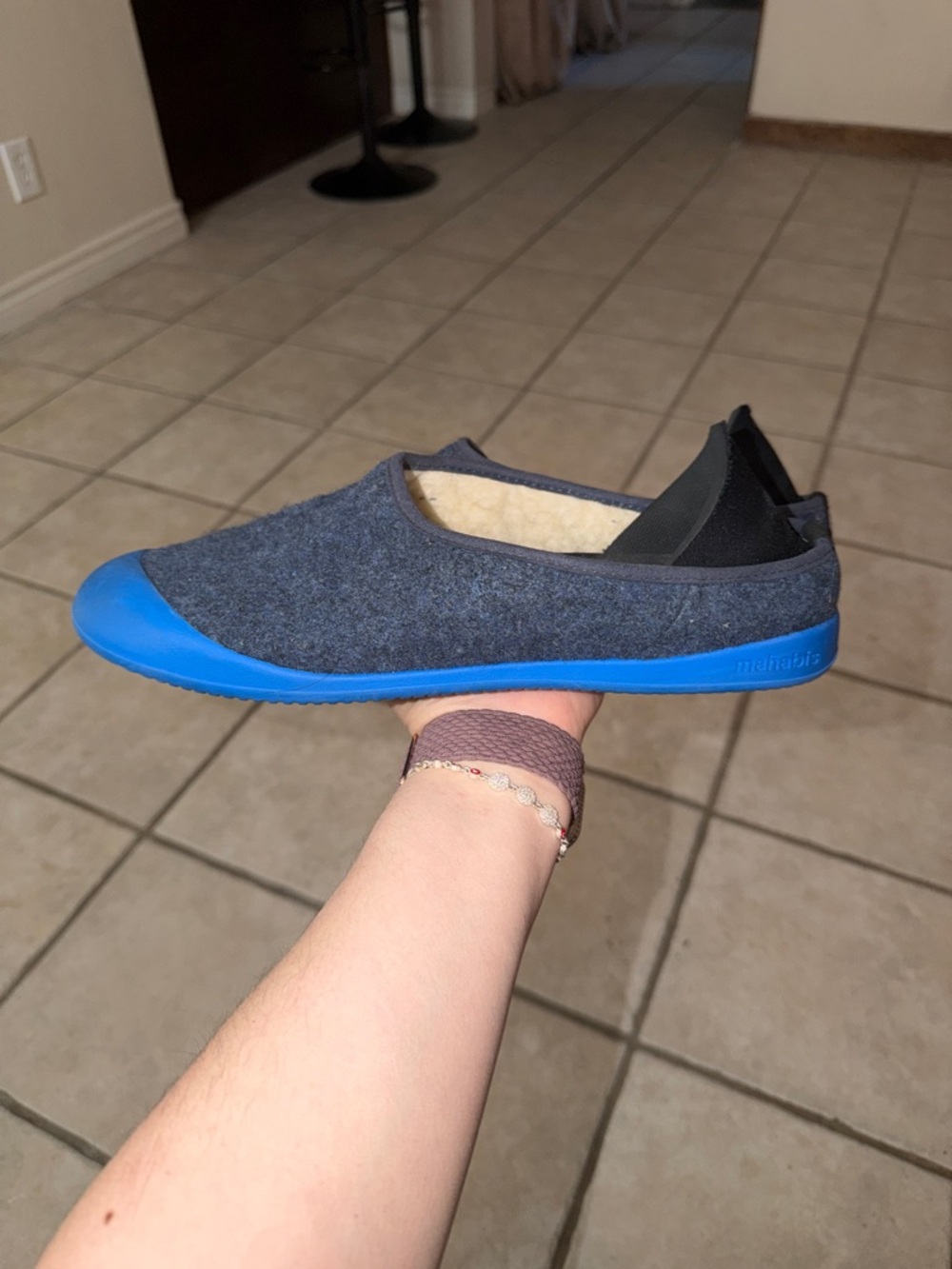 Mahabis Slippers Mens Blue Wool Slip On Rubber Toes Smooth